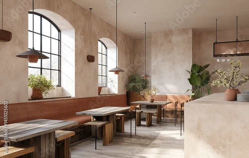 Obraz na płótnie Modern cafe interior with natural light, greenery, and wooden furniture creating a cozy atmosphere for guests to relax and enjoy meals w salonie