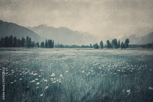Scenic landscape featuring a meadow with wildflowers under an overcast sky near mountains in early morning light