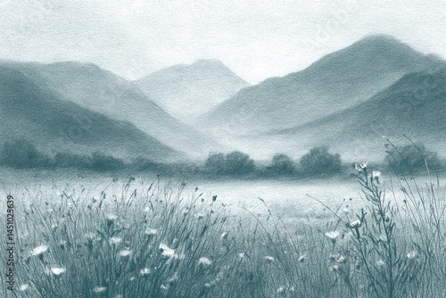 Obraz na płótnie Mountain landscape with soft grey tones and delicate wildflowers on a misty morning w salonie
