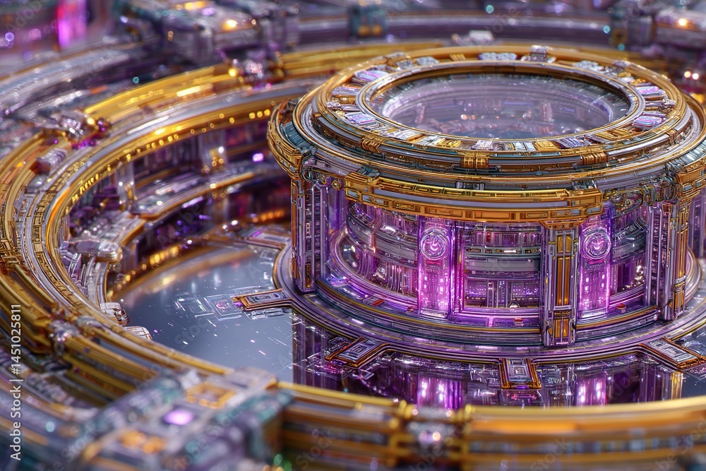 Intricate futuristic structure with luminescent details in a vibrant digital landscape