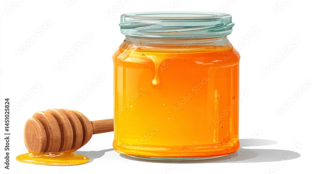 Fresh Honey in Glass Jar with Wooden Dipper Sweet and Healthy Food Ingredient for Cooking and Fresh Honey in Glass Jar with Wooden Dipper Sweet and Healthy Food Ingredient for Cooking and