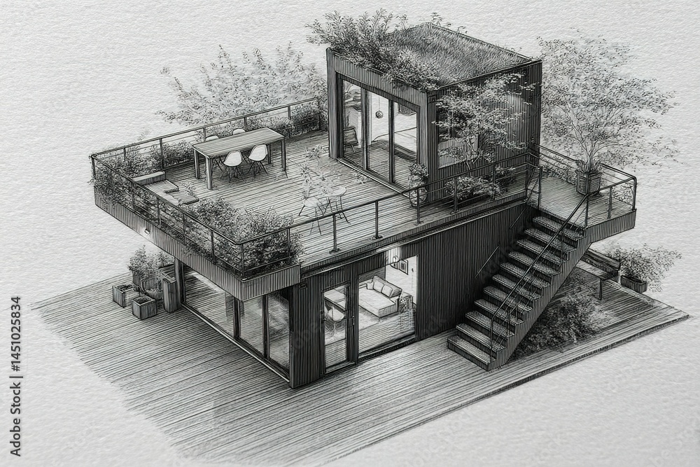 Modern eco-friendly house with rooftop garden and open terrace in a serene urban setting
