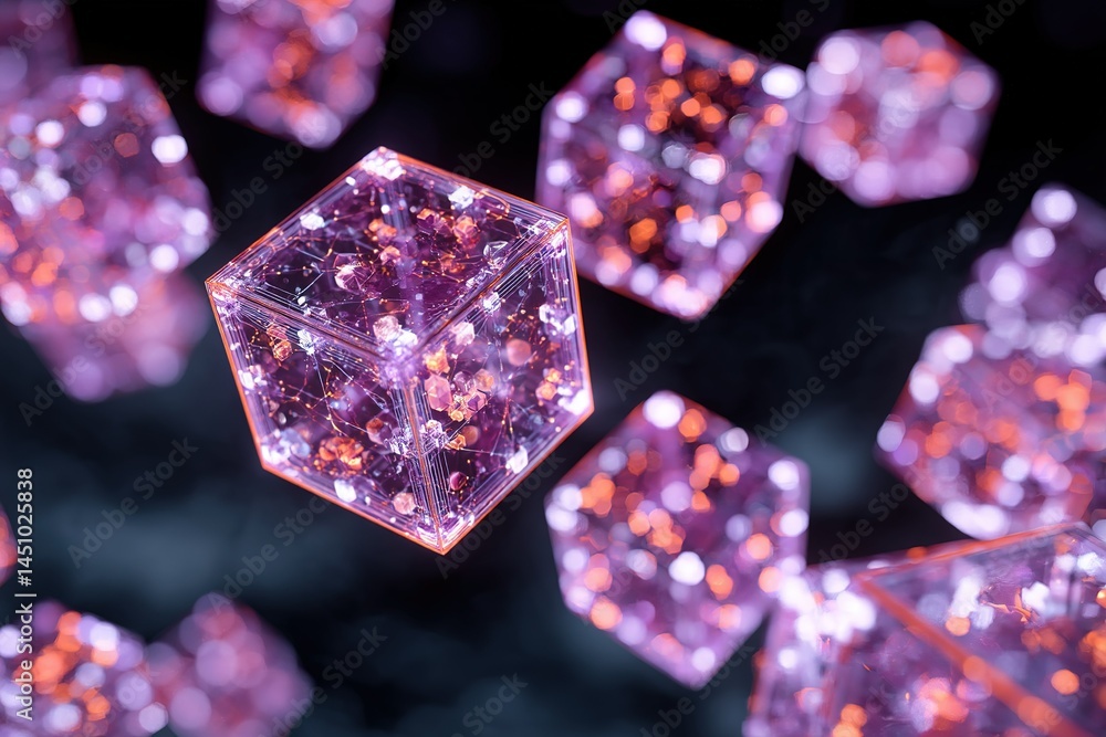 Floating cubes with glowing particles create a mesmerizing visual effect in a dark background