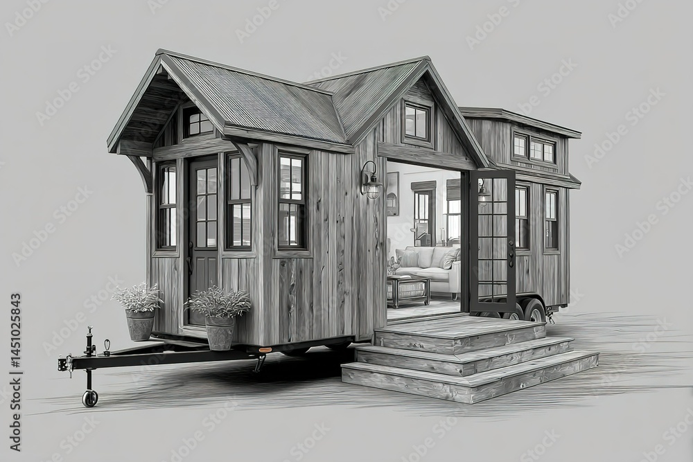 Unique wooden tiny house on wheels with a cozy interior design and inviting entrance