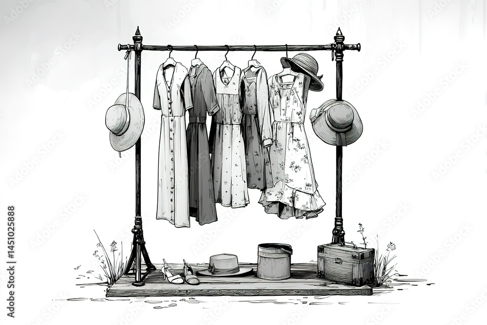 Vintage clothing display featuring dresses and hats in a rustic setting