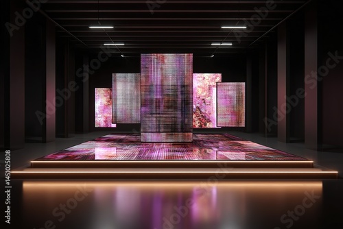 Digital art installation showcasing vibrant neon colors in a modern urban gallery space
