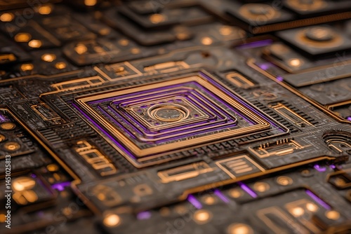 Close-up view of a circuit board with intricate patterns and glowing connections highlighting modern technology