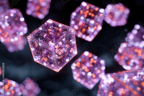 Obraz na płótnie Floating cubes with glowing particles create a mesmerizing visual effect in a dark background w salonie