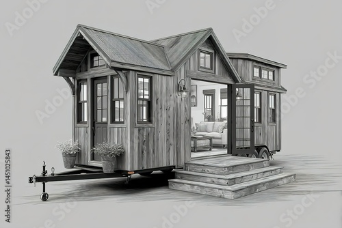Obraz na płótnie Unique wooden tiny house on wheels with a cozy interior design and inviting entrance w salonie