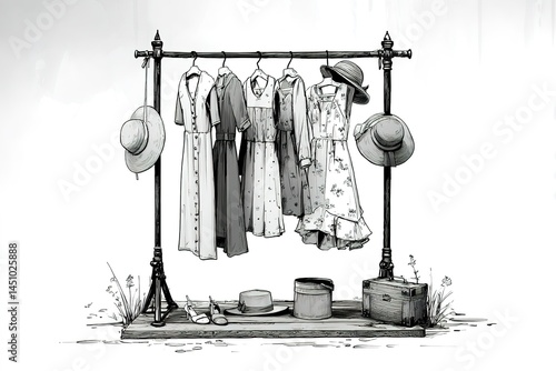 Vintage clothing display featuring dresses and hats in a rustic setting