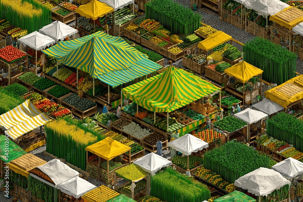 Vibrant agricultural market filled with fresh produce and green vegetables in a sunny environment