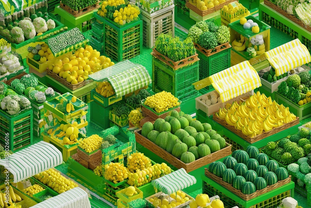 Vibrant market display of fresh vegetables and fruits in various shades of green and yellow arranged in crates