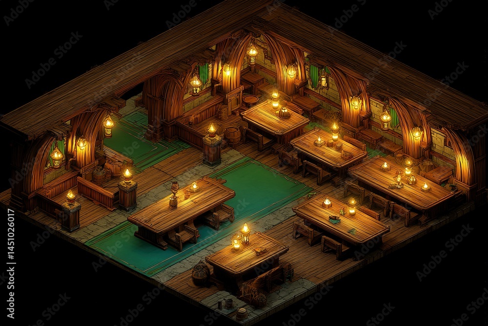 Cozy interior of a warmly lit tavern with wooden furniture and lanterns in an inviting atmosphere