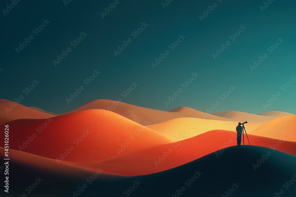 Silhouette of a person observing the vibrant sand dunes at dusk under a clear blue sky