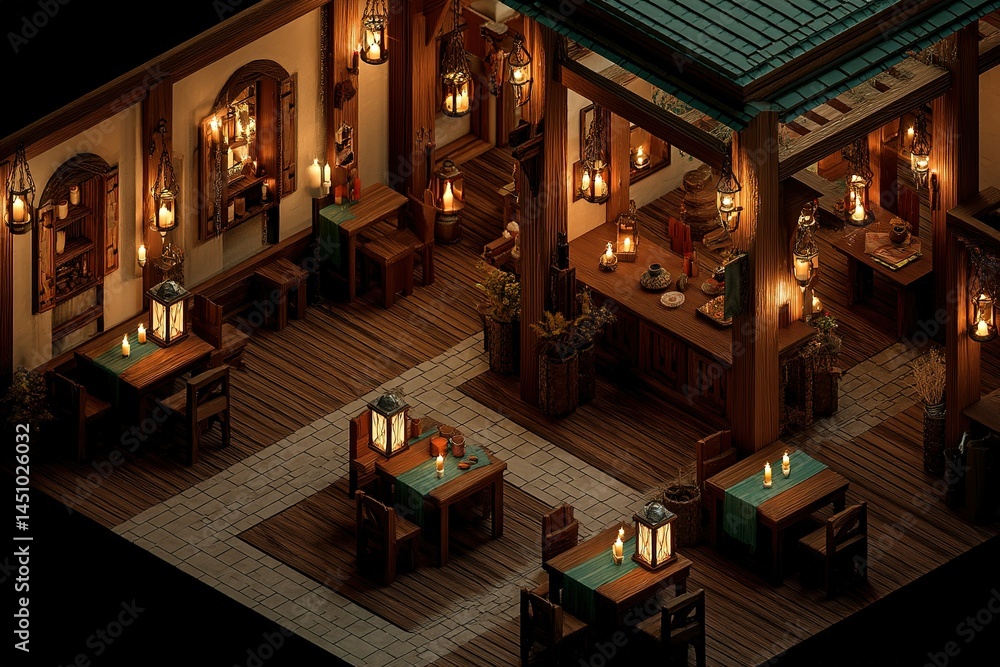 Cozy tavern interior filled with warm lantern light and rustic wooden decor during evening hours