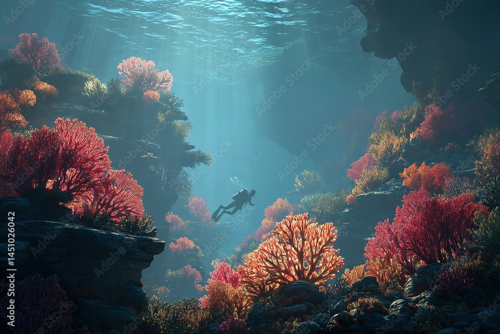 Diver exploring vibrant coral reefs in a serene underwater landscape during daylight hours