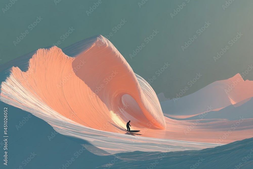 Surfing on a surreal pink wave at a remote snowy location during winter in the early morning light