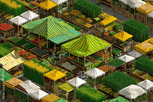 Vibrant agricultural market filled with fresh produce and green vegetables in a sunny environment