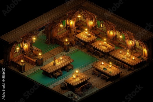 Obraz na płótnie Cozy interior of a warmly lit tavern with wooden furniture and lanterns in an inviting atmosphere w salonie