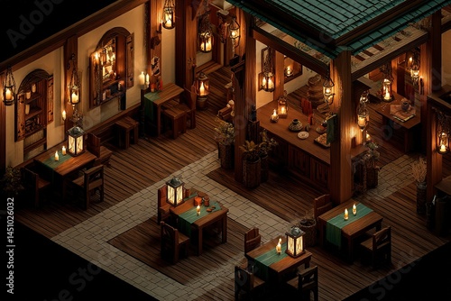 Obraz na płótnie Cozy tavern interior filled with warm lantern light and rustic wooden decor during evening hours w salonie