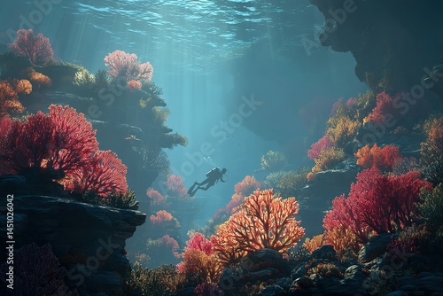 Obraz na płótnie Diver exploring vibrant coral reefs in a serene underwater landscape during daylight hours w salonie