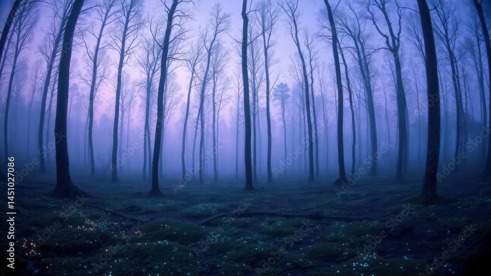 Fototapeta premium Violet Fog Among Bare Trees at Sunset