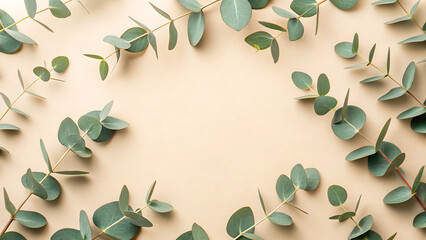 Eucalyptus Leaves Border on Beige Background, Elegant Greenery Frame with Copy Space for Wedding Invitation