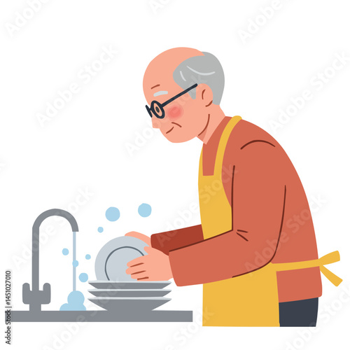 Elderly man washing dishes - senior man carefully washing dishes in kitchen, focused and meticulous, warm light creating cozy atmosphere of domestic chores.