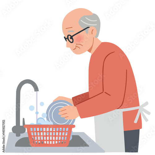Elderly man washing dishes - senior man carefully washing dishes in kitchen, focused and meticulous, warm light creating cozy atmosphere of domestic chores.