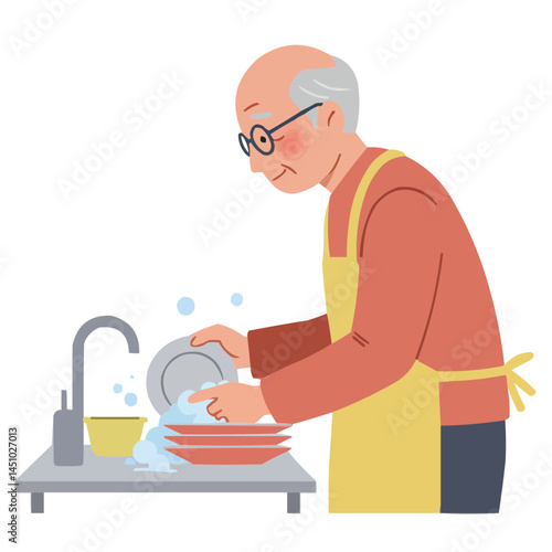 Elderly man washing dishes - senior man carefully washing dishes in kitchen, focused and meticulous, warm light creating cozy atmosphere of domestic chores.