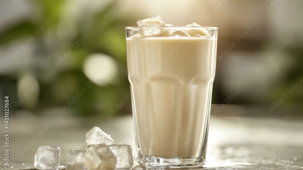 Glass of Protein Shake with Ice Cubes on Blue Background Glass of Protein Shake with Ice Cubes on Blue Background