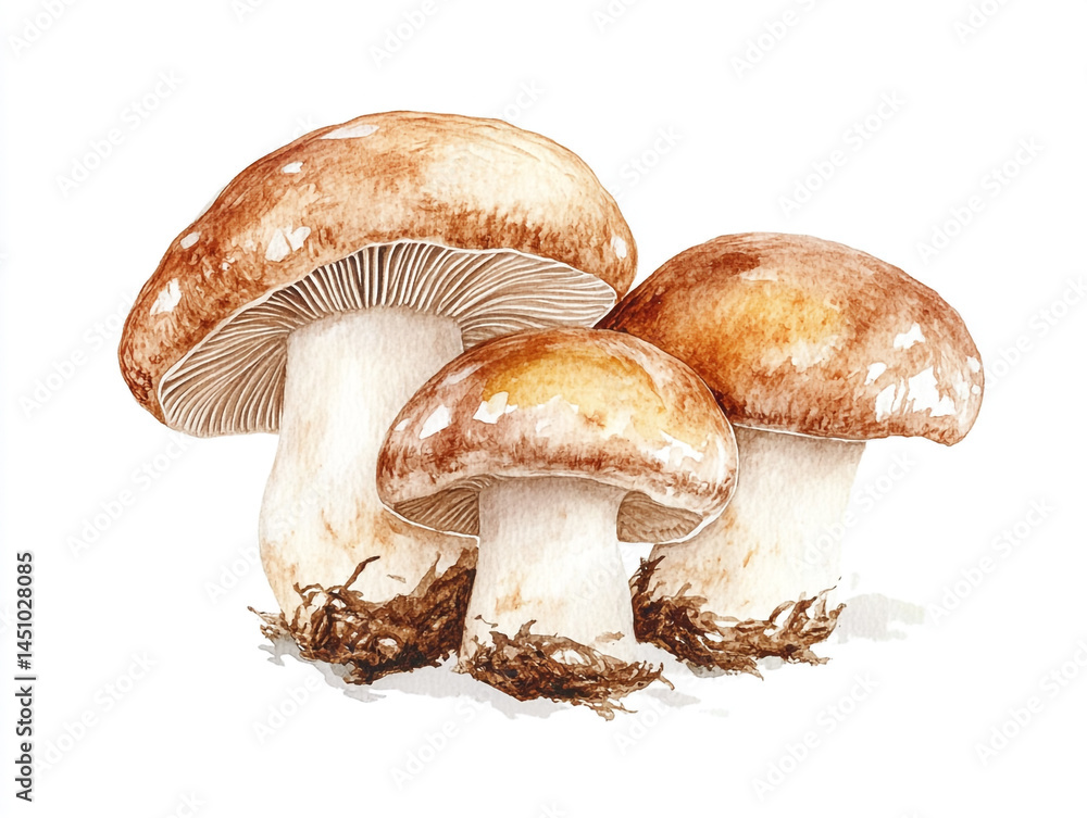Watercolor-painted shiitake mushrooms with brown caps and white stems, showcasing detailed gills and earthy textures on a white background. Watercolor-painted shiitake mushrooms with brown caps and white stems, showcasing detailed gills and earthy textures on a white background.