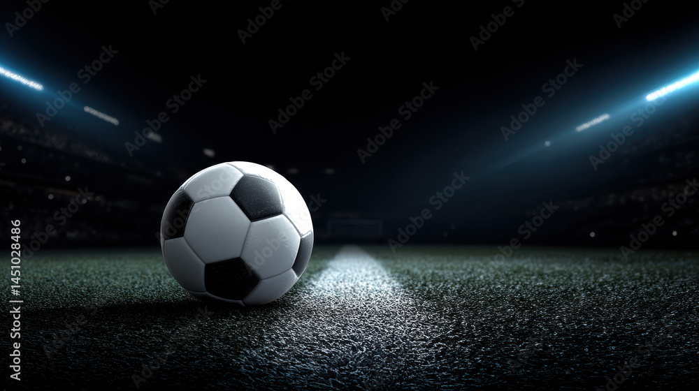 Naklejka premium A classic soccer ball rests on the grass of a brightly lit stadium field ready for an exciting match with fans awaiting the kickoff in the darkened stands beyond.