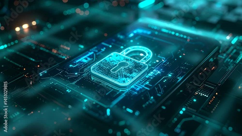 Glowing Neon Padlock Icon on Smartphone Screen with Circuit Board Background