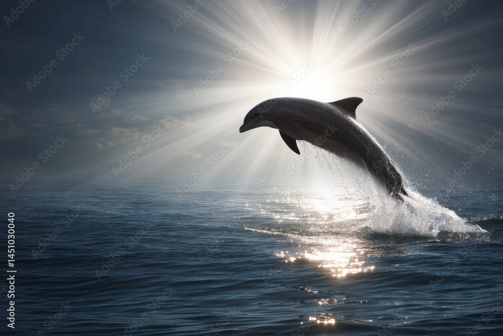 Obraz premium A dolphin leaping out of the ocean towards the sun, creating a dramatic and dynamic scene. The image evokes a sense of freedom, energy, and the beauty of marine life.