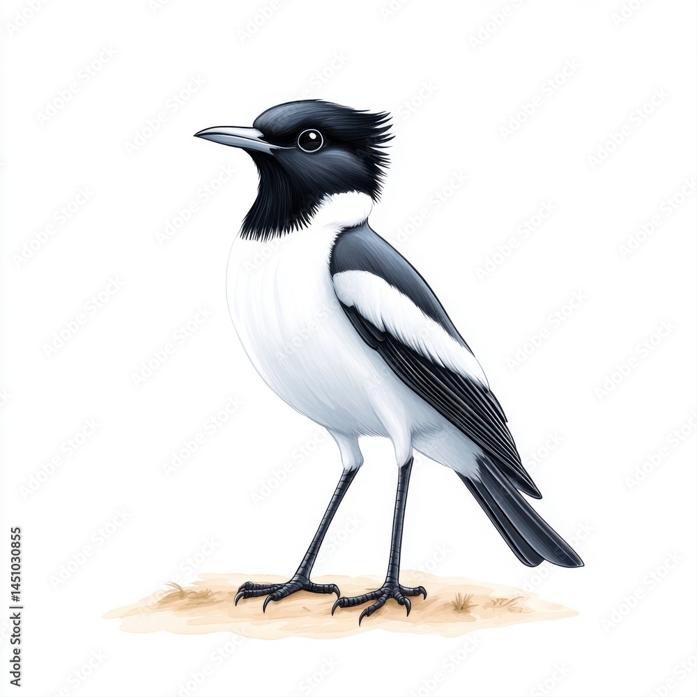 Fototapeta premium Detailed Illustration of a Black and White Bird Perched on Ground