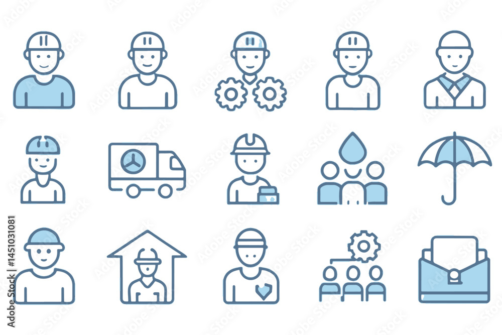 Thin line icons of employee insurance themes such as health coverage, protection, and workers’ benefits, great for HR and corporate projects, icon set Thin line icons of employee insurance themes such as health coverage, protection, and workers’ benefits, great for HR and corporate projects, icon set