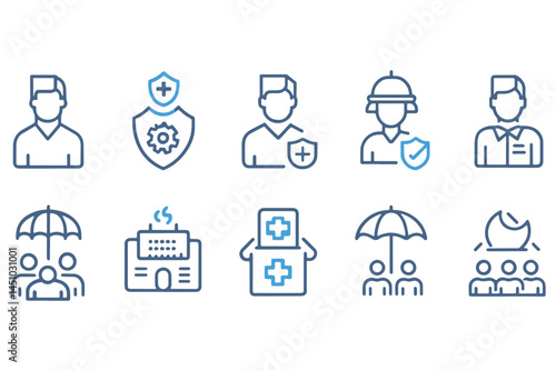 employee insurance including healthcare, workplace protection, and coverage, ideal for corporate use, icon set