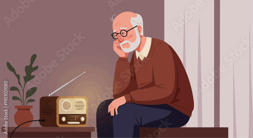 Elderly Man Listening to Radio in Vector Style Illustration  