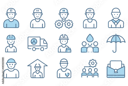 Thin line icons of employee insurance themes such as health coverage, protection, and workers’ benefits, great for HR and corporate projects, icon set