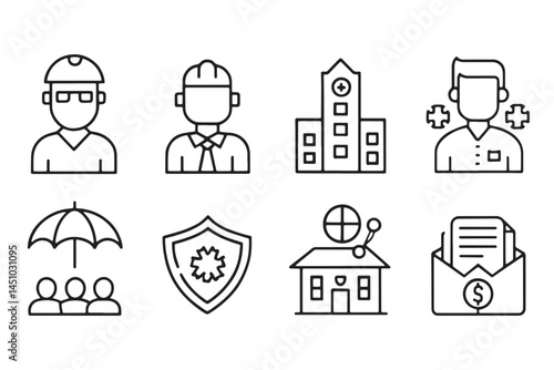 Collection of employee insurance thin line icons representing protection, health, benefits, and more, perfect for insurance applications, icon set