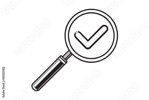 Magnifying glass with check mark symbol representing review, audit, and verification process, ideal for business and revision themes, icon set