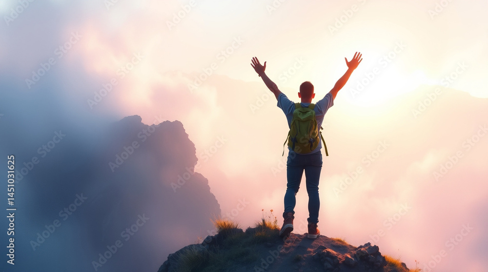 Hiker standing on the top of icy peak and looking at majestic view of wild unapproachable mountain range under snow. Adventure in nature concept. Hiker standing on the top of icy peak and looking at majestic view of wild unapproachable mountain range under snow. Adventure in nature concept.