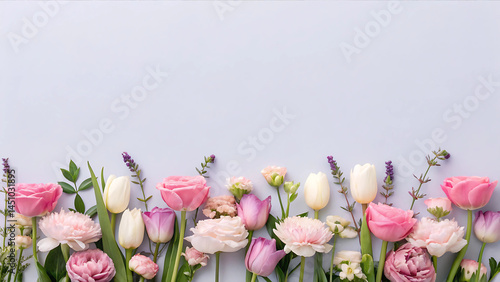 Pink and White Tulips with Roses on Lavender Background, Beautiful Botanical Bottom Border