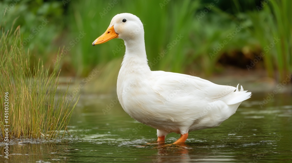 White beautiful duck stands in water in a small pond in the natural environment White beautiful duck stands in water in a small pond in the natural environment
