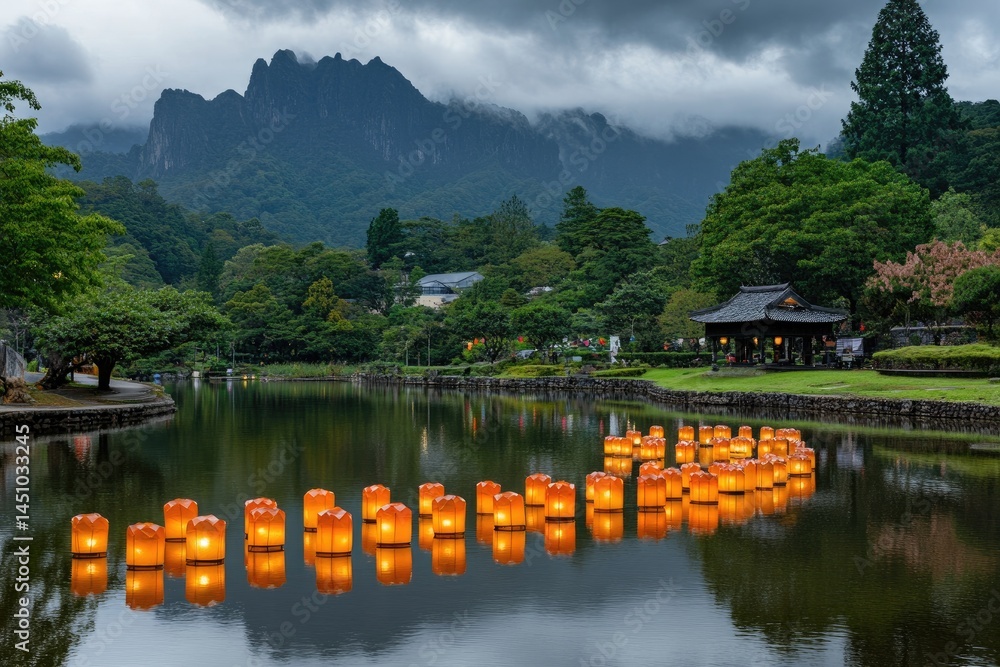 Fototapeta premium Peaceful lake scene at dusk, lanterns float on water, mountains in background. Lush green trees and a traditional Japanese structure are visible