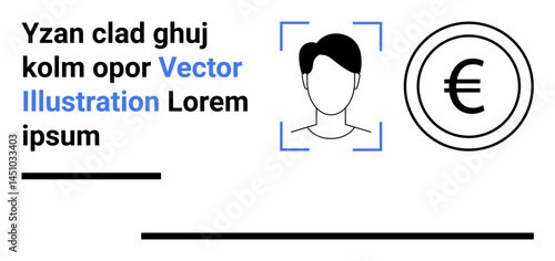 Male face inside a recognition frame, Euro symbol next to it, and placeholder text. Ideal for payment systems, biometrics, AI, currency, fintech, identity and simple landing page