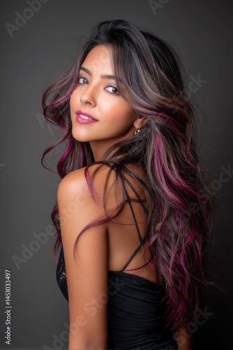 Wallpaper Mural Stunning woman with flowing hair and subtle pink highlights posing gracefully against a dark backdrop in a fashionable outfit Torontodigital.ca