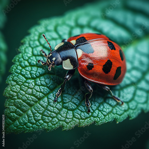 A close-up of a ladybug crawling on the edge of a green leaf