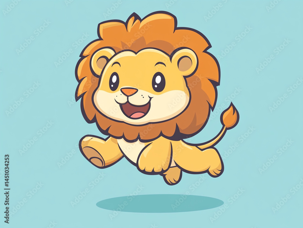 A cute cartoon lion is jumping with a simple drawing style and flat design illustration. The background is light yellow, and the lion has an adorable face with large eyes, giving it a friendly appeara A cute cartoon lion is jumping with a simple drawing style and flat design illustration. The background is light yellow, and the lion has an adorable face with large eyes, giving it a friendly appeara
